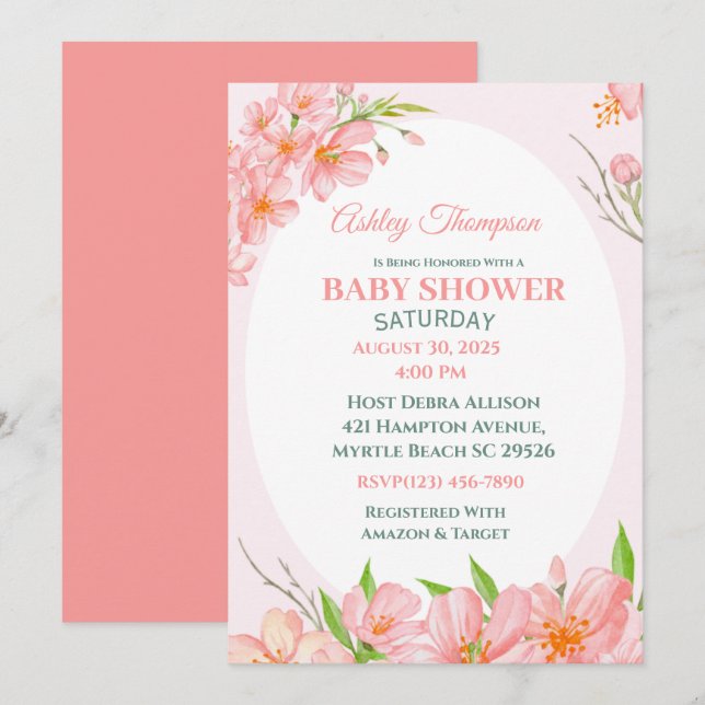 Elegant Coral Pink Floral Baby Shower Invitation (Front/Back)