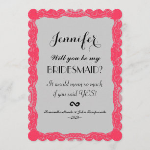 Elegant Coral Pink Lace Border & Slate Grey Invitation