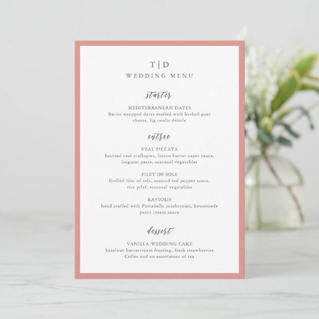 Elegant Coral Pink Monogram Modern Wedding Menu (Standing Front)