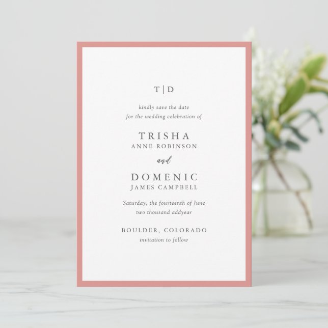 Elegant Coral Pink Monogram Modern Wedding Save The Date (Standing Front)