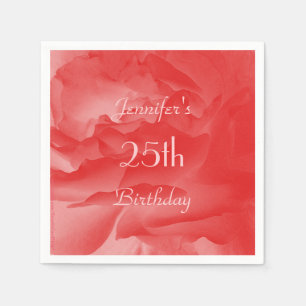 Elegant Coral Pink Rose, Name, Birthday Party Napkin
