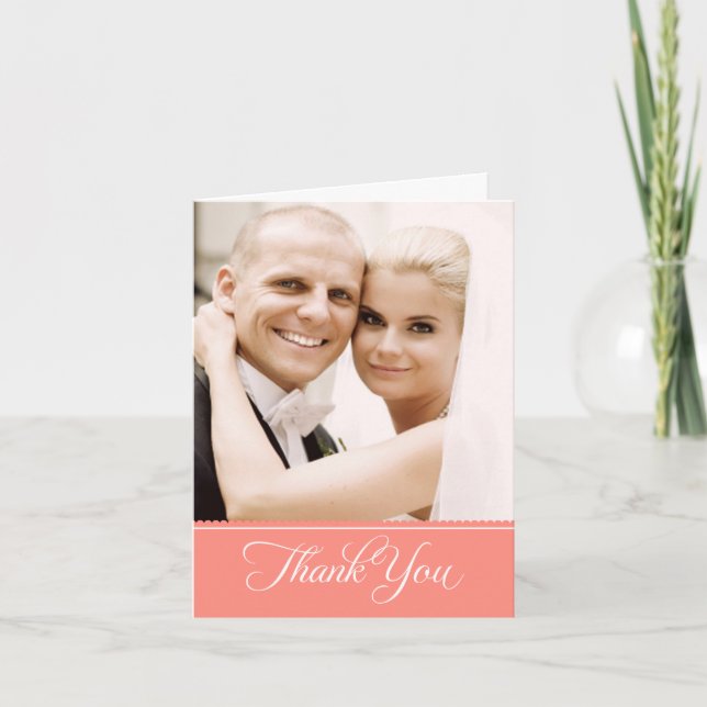 Elegant Coral Pink Scalloped Wedding Photo Thank You Card (Front)