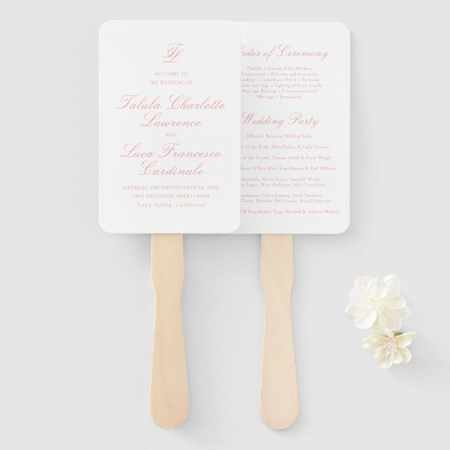 Elegant Coral Pink Traditional Wedding Program Hand Fan (Front and Back)