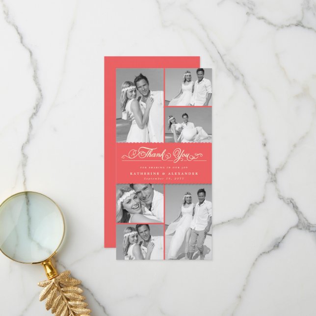 Elegant Coral Red Scalloped Band 6 Photo Wedding Thank You Card (Front/Back In Situ)