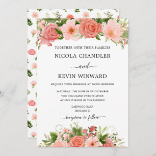 Elegant Coral Roses Floral Wedding Invitation