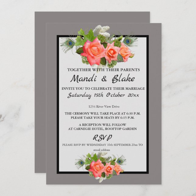Elegant Coral Roses & Grey Wedding Invitation (Front/Back)