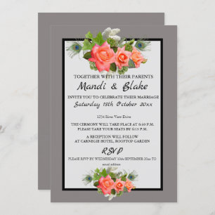 Elegant Coral Roses & Grey Wedding Invitation