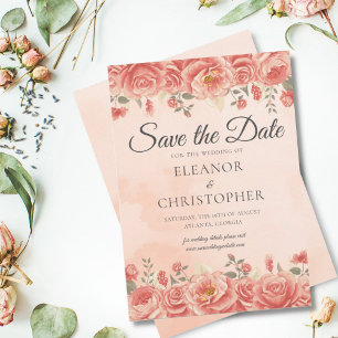 Elegant Coral Roses Watercolor Peach Floral Save The Date