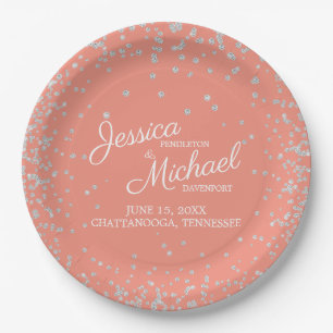 Elegant Coral Silver Glitter White Wedding Paper Plate