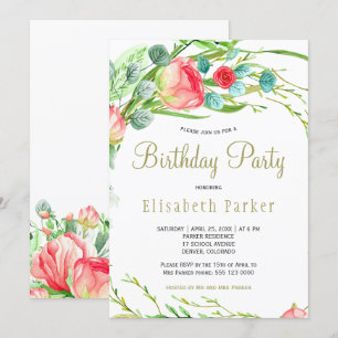 Elegant coral teal garden roses birthday party invitation