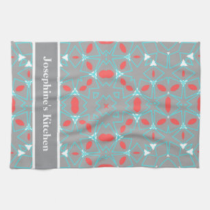 Elegant Coral Turquoise Grey Geometric Pattern  Tea Towel
