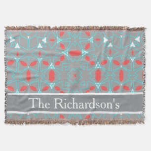 Elegant Coral Turquoise Grey Geometric Pattern Throw Blanket