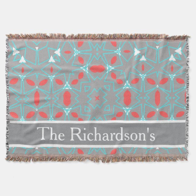 Elegant Coral Turquoise Grey Geometric Pattern  Throw Blanket (Front)