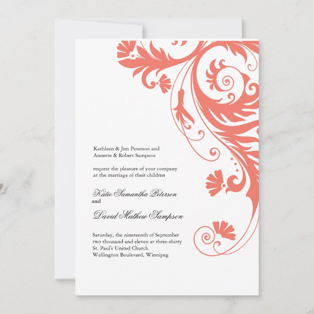 Elegant  Coral Wedding Invitations (Front)