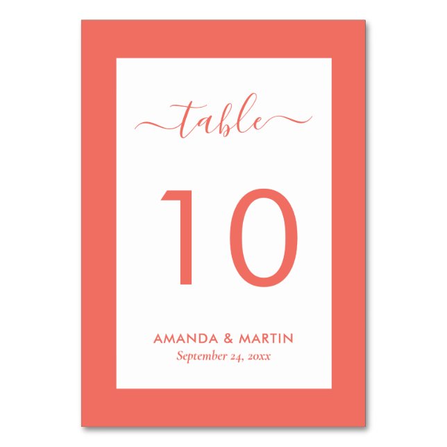 Elegant Coral Wedding Table Number (Front)