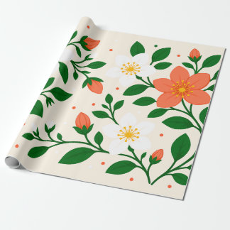 Elegant Coral & White Flowers with Green Foliage Wrapping Paper