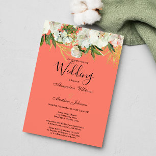 Elegant coral white gold green floral Wedding Invitation