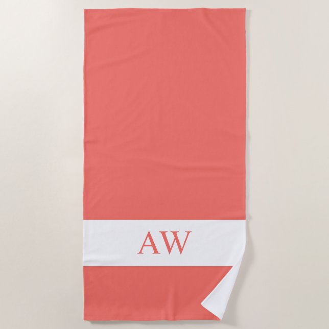 Elegant Coral White Monogrammed Beach Towel (Front)