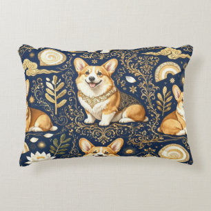 Elegant Corgi Dogs Gold Damask Navy Blue  Decorative Cushion