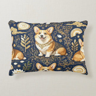 Elegant Corgi Dogs Gold Damask Navy Blue Decorative Cushion