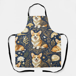 Elegant Corgi Dogs Gold Damask Navy Blue Pattern Apron
