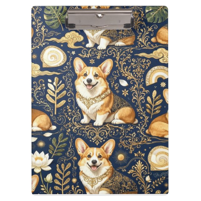 Elegant Corgi Dogs Gold Damask Navy Blue Pattern  Clipboard (Front)