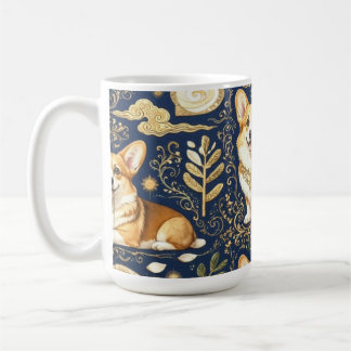 Elegant Corgi Dogs Gold Damask Navy Blue Pattern Coffee Mug