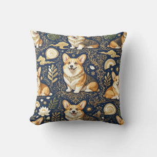 Elegant Corgi Dogs Gold Damask Navy Blue Pattern  Cushion