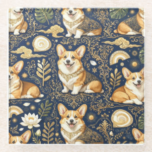 Elegant Corgi Dogs Gold Damask Navy Blue Pattern Glass Coaster