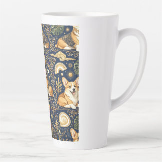Elegant Corgi Dogs Gold Damask Navy Blue Pattern Latte Mug