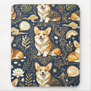 Elegant Corgi Dogs Gold Damask Navy Blue Pattern  Mouse Pad