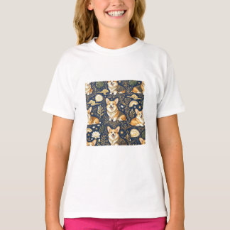 Elegant Corgi Dogs Gold Damask Navy Blue Pattern T-Shirt