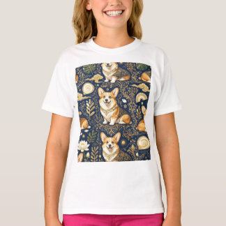 Elegant Corgi Dogs Gold Damask Navy Blue Pattern T-Shirt