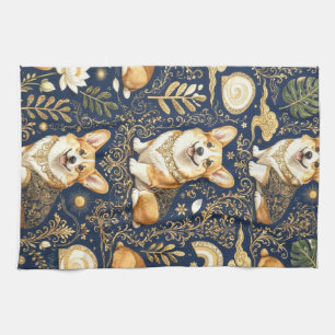 Elegant Corgi Dogs Gold Damask Navy Blue Pattern Tea Towel