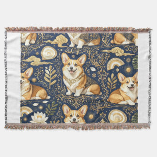 Elegant Corgi Dogs Gold Damask Navy Blue Pattern Throw Blanket