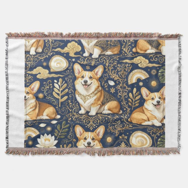 Elegant Corgi Dogs Gold Damask Navy Blue Pattern  Throw Blanket (Front)