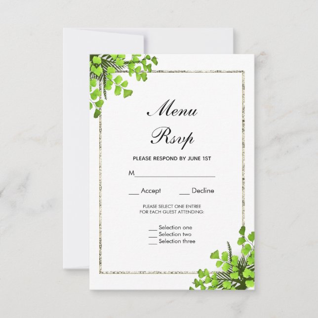 Elegant Corner Fern Decoration Wedding Menu RSVP (Front)