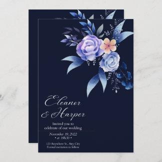 elegant corner peony wreath navy blue wedding invitation