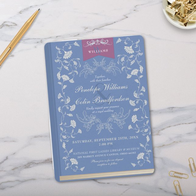 Elegant Cornflower Blue Floral Book Cover Wedding Invitation (Elegant Light Blue and Purple Wedding Invitation with White Floral Design and Book Cover Aesthetics)