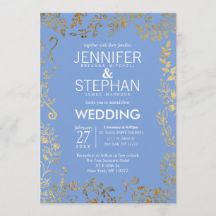 Elegant Cornflower Blue Gold Floral Wedding Invitation