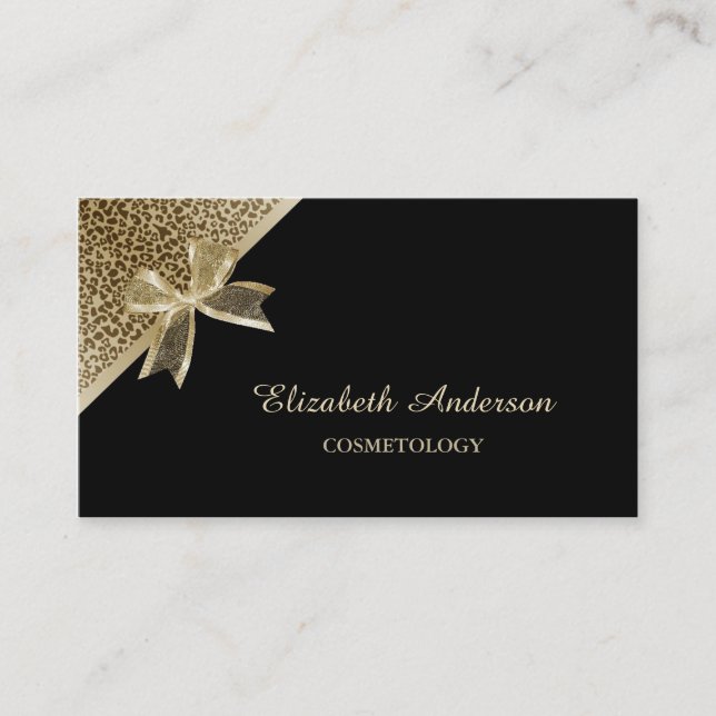 Elegant Cosmetology Black and Gold Leopard Ribbon Business Card (Front)
