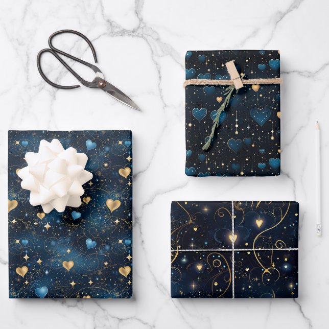 Elegant Cosmic Hearts in Blue and Gold Wrapping Paper Sheet (Front)