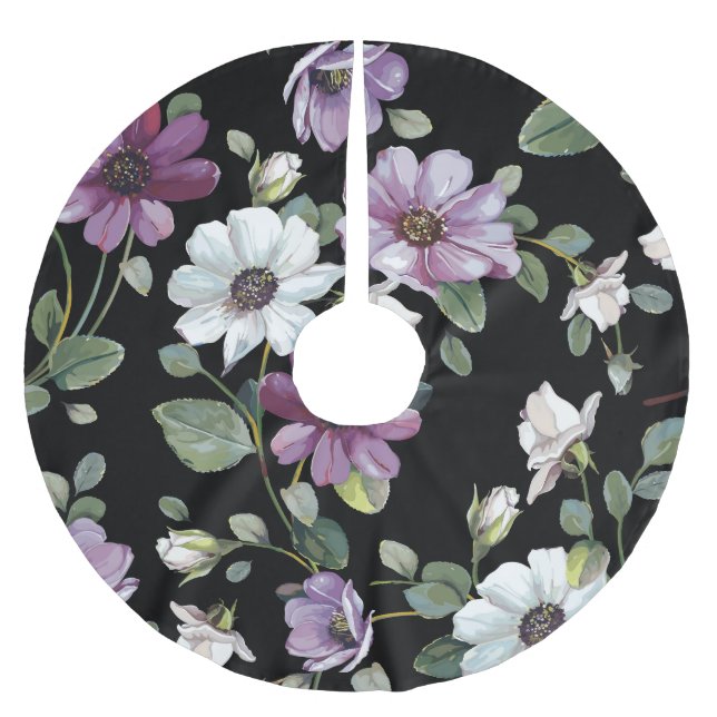 Elegant Cosmos Flowers: Watercolor Seamless. Brushed Polyester Tree Skirt (Front)