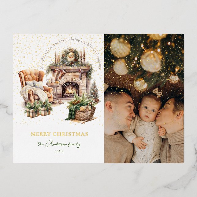 Elegant Cosy photo Gold Foil Holiday Postcard (Front)