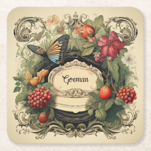Elegant Cottagecore Garden Berries Personalised Square Paper Coaster