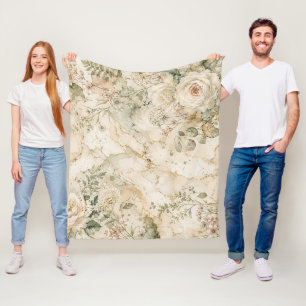 Elegant Cottagecore Marble Botanical Home Decor Fleece Blanket