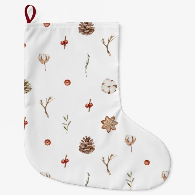 Elegant Cotton and Pinecone Christmas Wreath Large Christmas Stocking (Front)