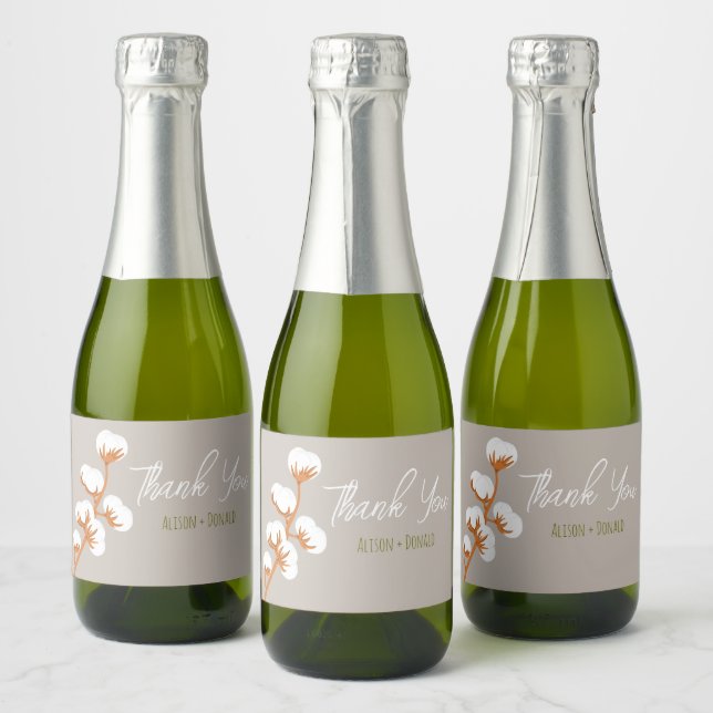 Elegant Cotton Branch “Thank You” Custom  Sparkling Wine Label (Bottles)