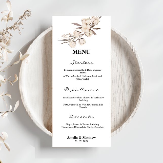 Elegant Cotton Flower Black & White Wedding  Menu (Creator Uploaded)
