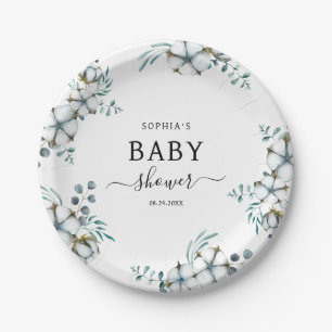 Elegant cotton flowers botanical Baby Shower Paper Plate
